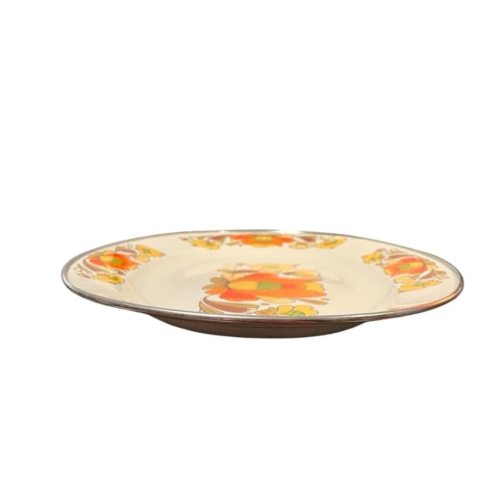 MCM Vintage 1970s Sanko Ware Porcelain Enameled Steel Country Flowers Platter